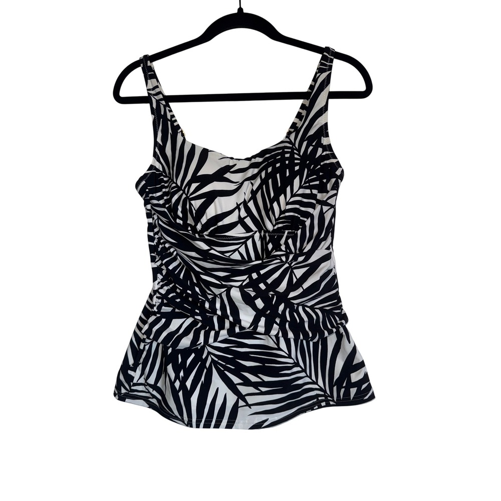 Lands End Womens Black White Tropical Palm Leaf Tankini Swim Top Size 14